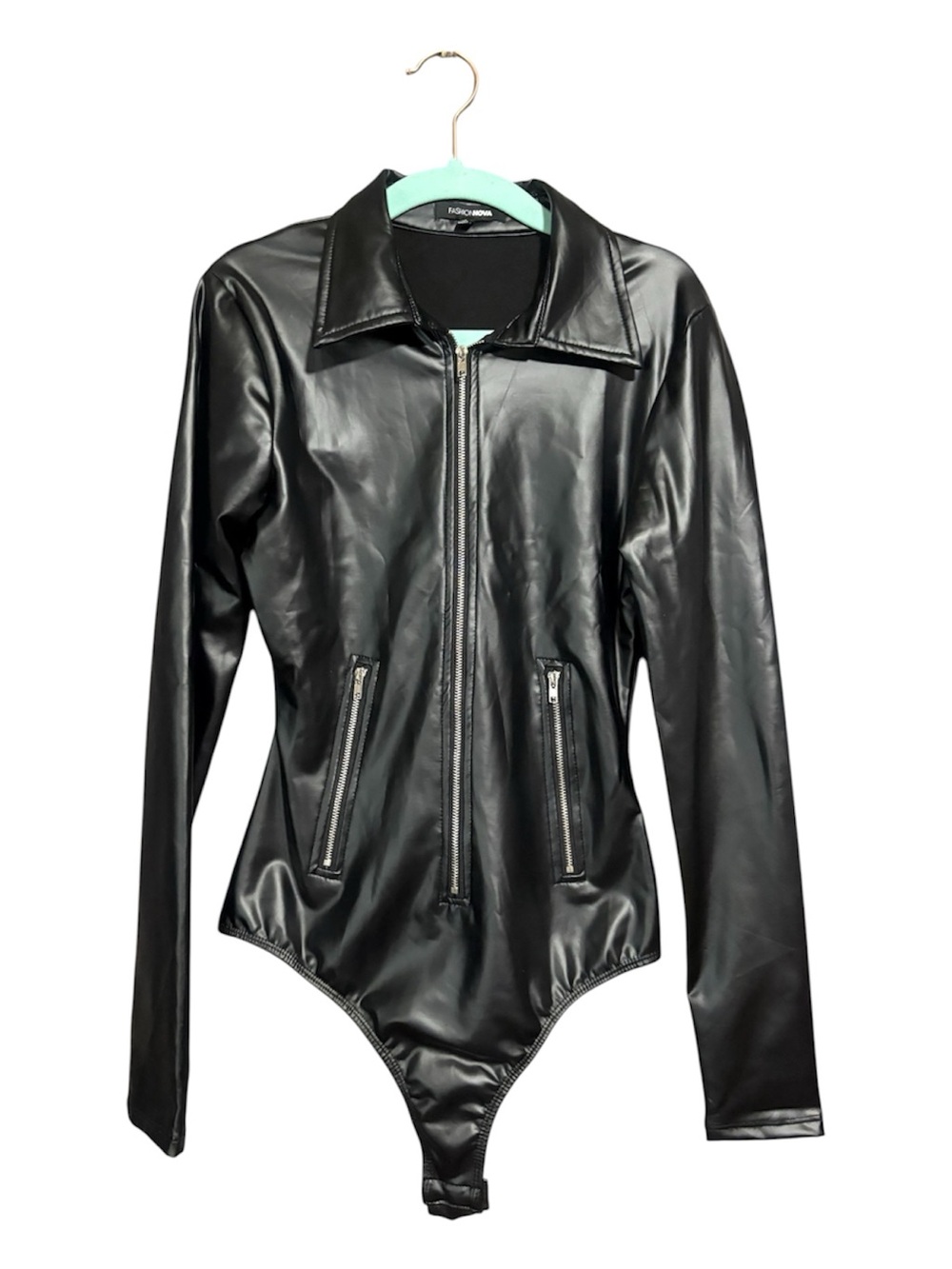FASHIONOVA Faux Leather Black Zip-Front Bodysuit